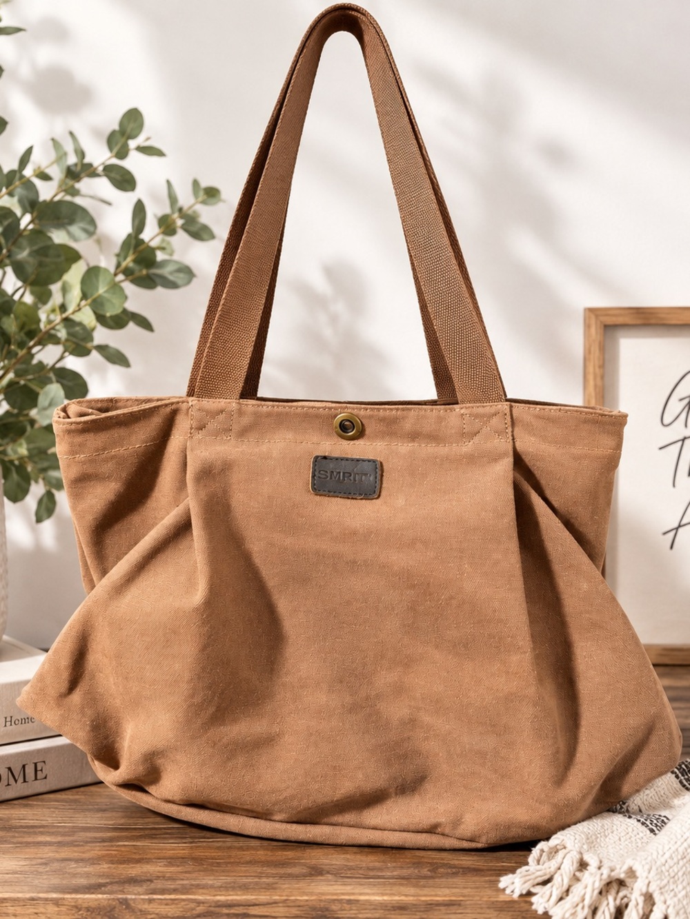 Smirti Brown Canvas Oversized Tote Bag Shoulder Carryall 18x14